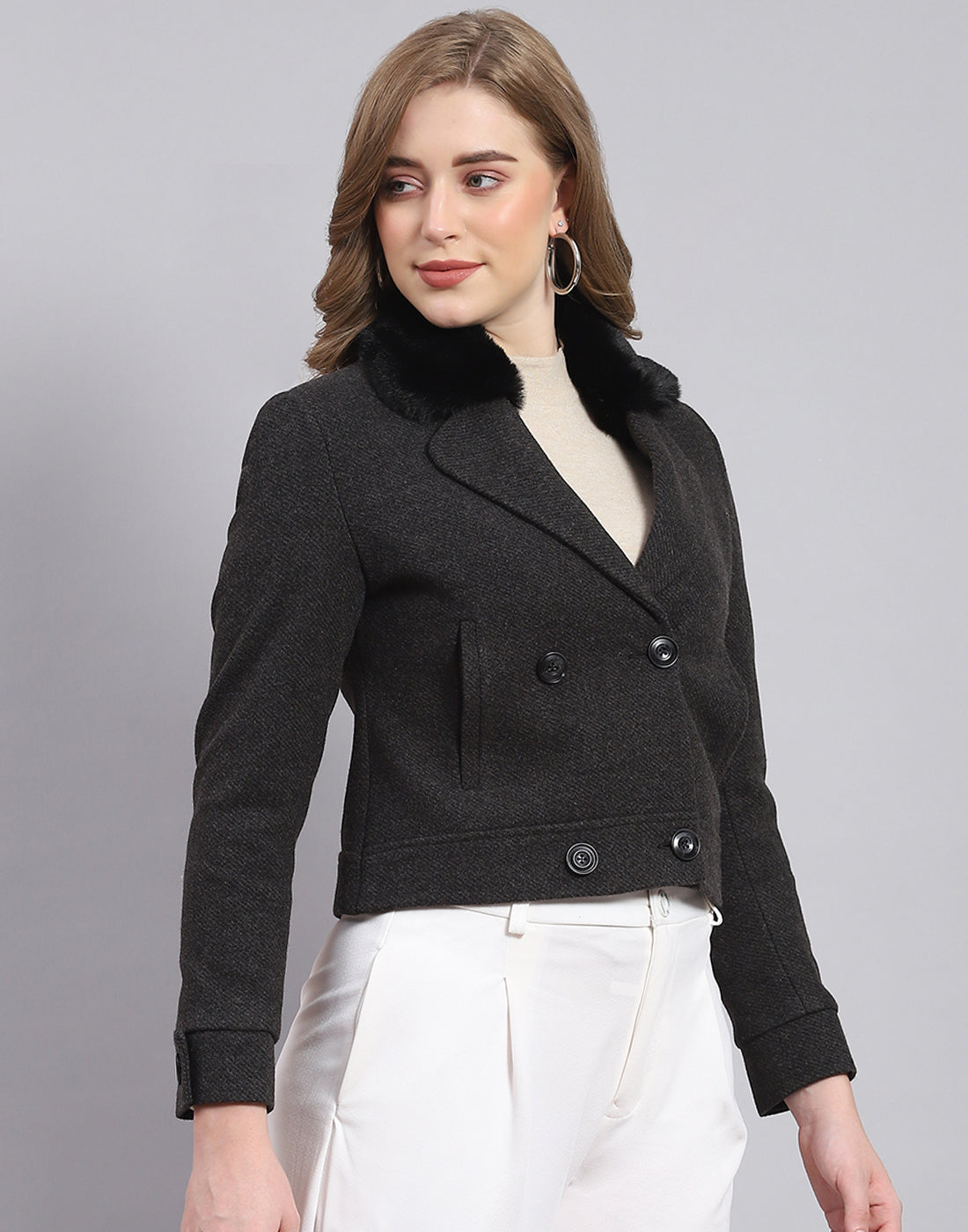 Women Black Solid Lapel Collar Full Sleeve Coat