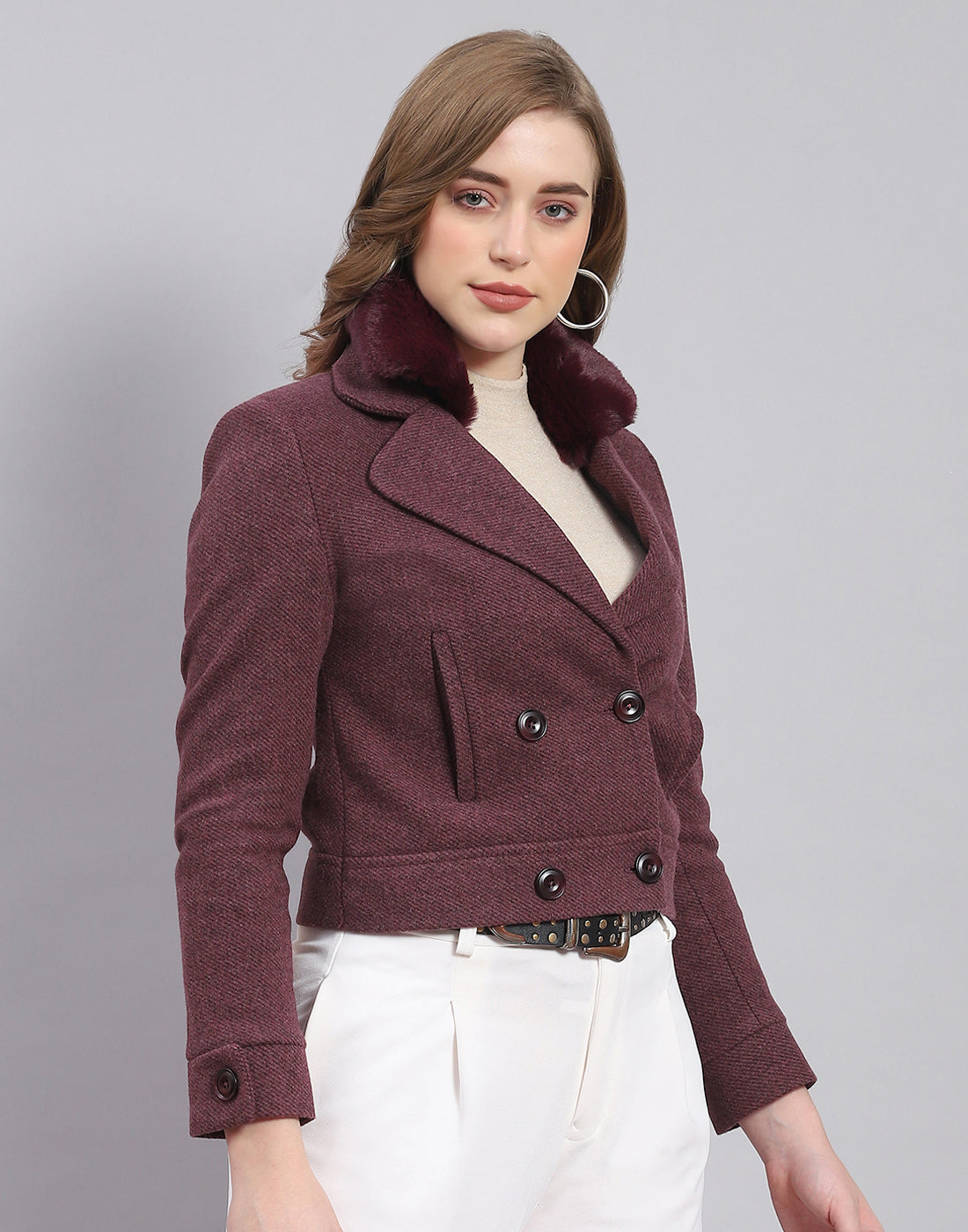 Women Maroon Solid Lapel Collar Full Sleeve Coat