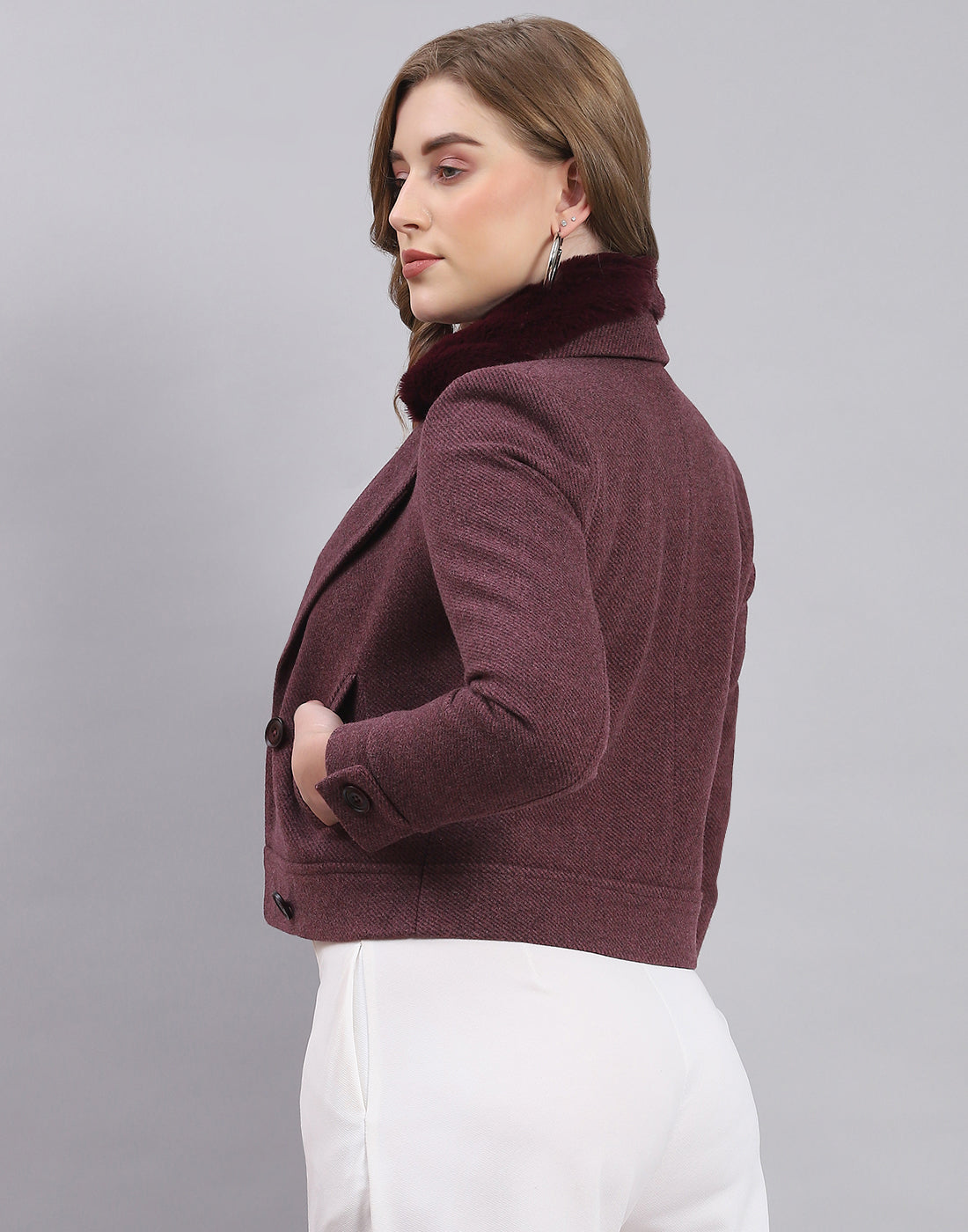Women Maroon Solid Lapel Collar Full Sleeve Coat