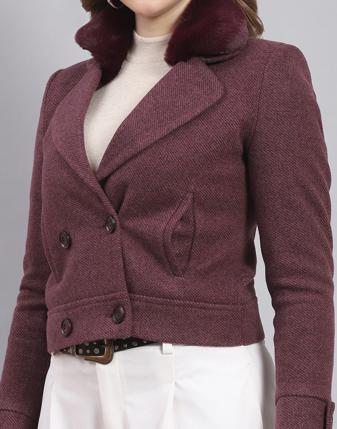 Women Maroon Solid Lapel Collar Full Sleeve Coat