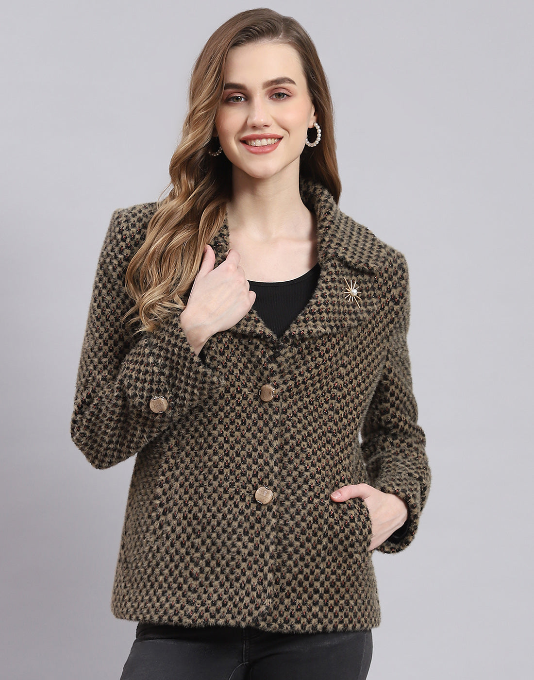 Women Beige Self Design Lapel Collar Full Sleeve Coat