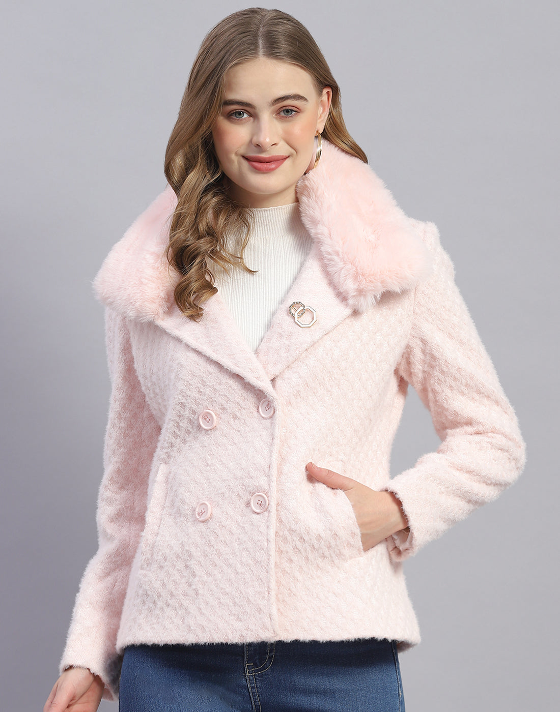 Women Pink Solid Lapel Collar Full Sleeve Coat