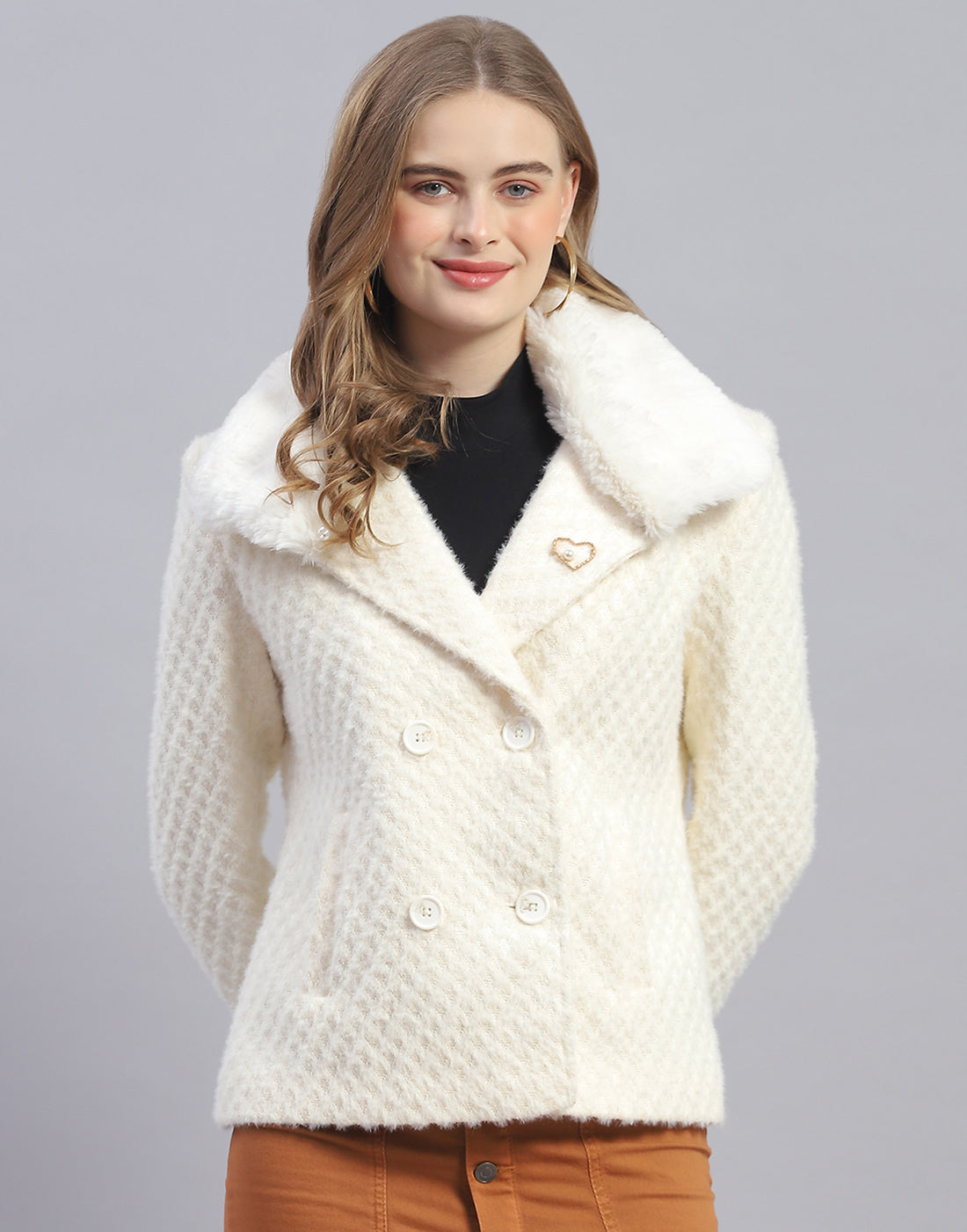 Women Off White Solid Lapel Collar Full Sleeve Coat