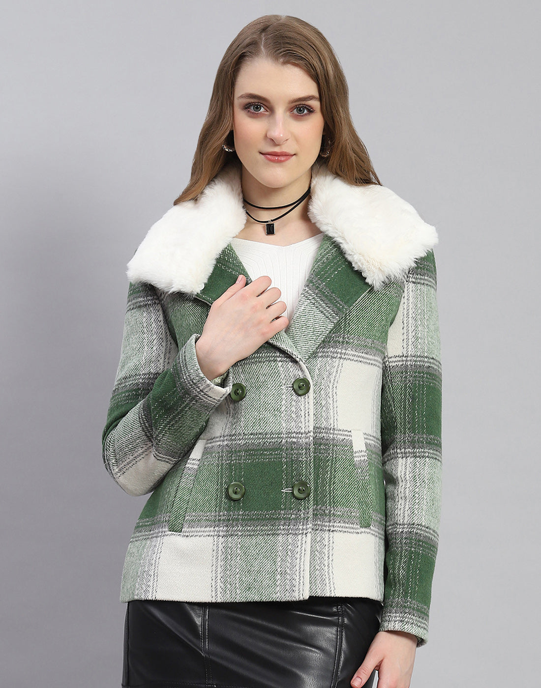 Women Green Check Collar Full Sleeve Coat