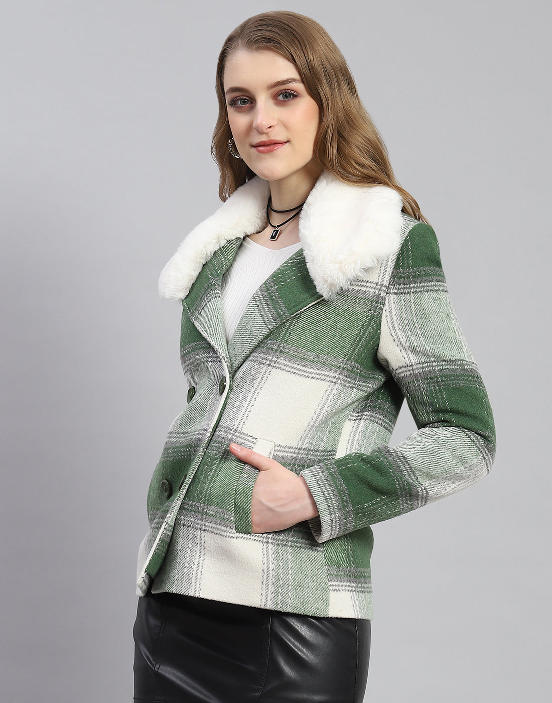 Women Green Check Collar Full Sleeve Coat