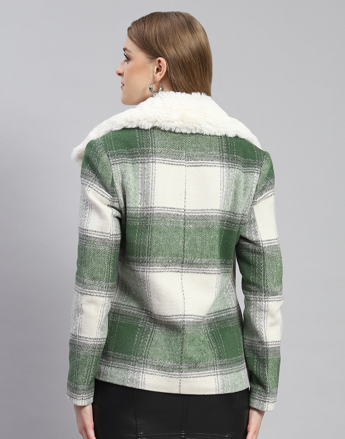 Women Green Check Collar Full Sleeve Coat
