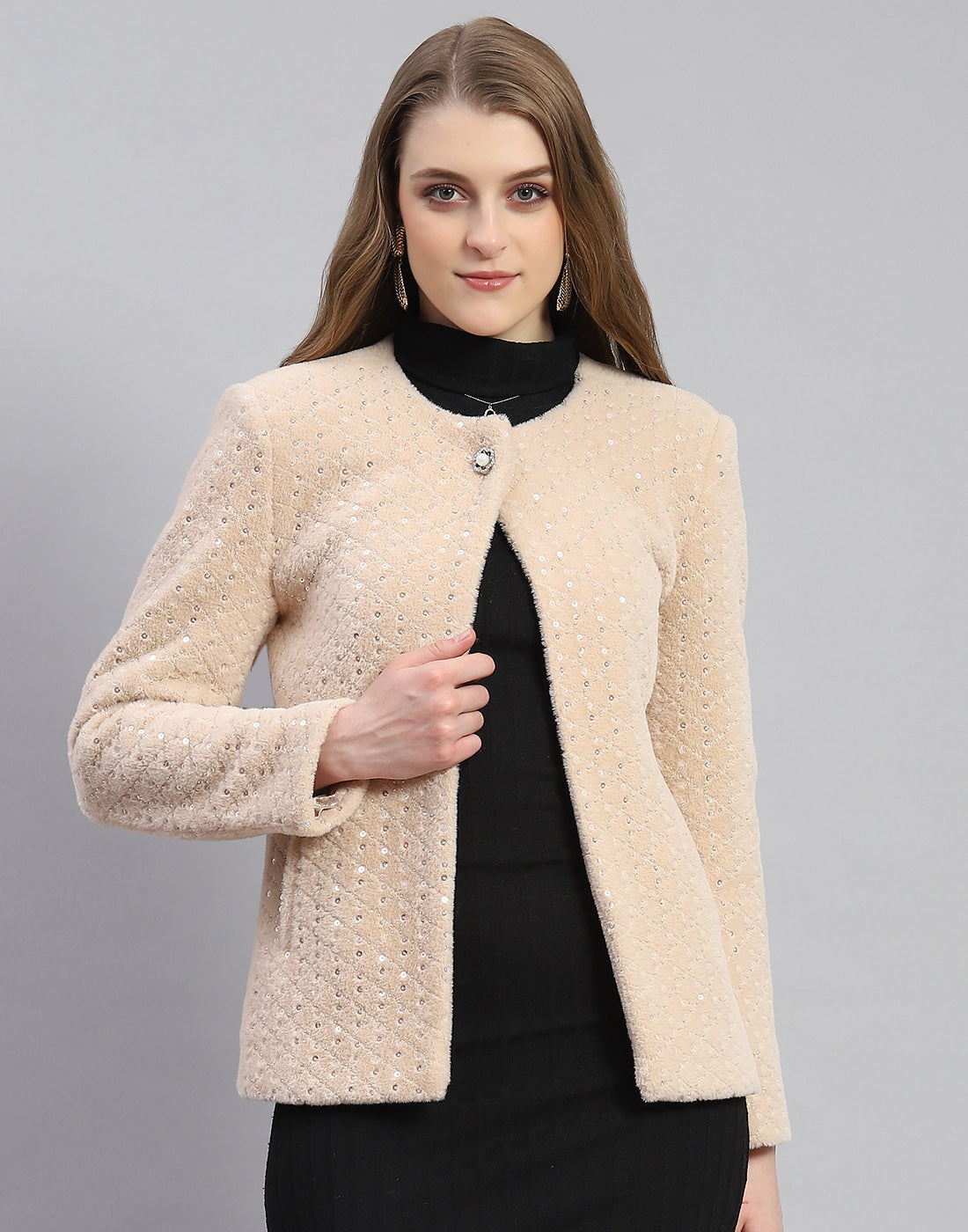 Women Beige Embellished H Neck Full Sleeve Coat