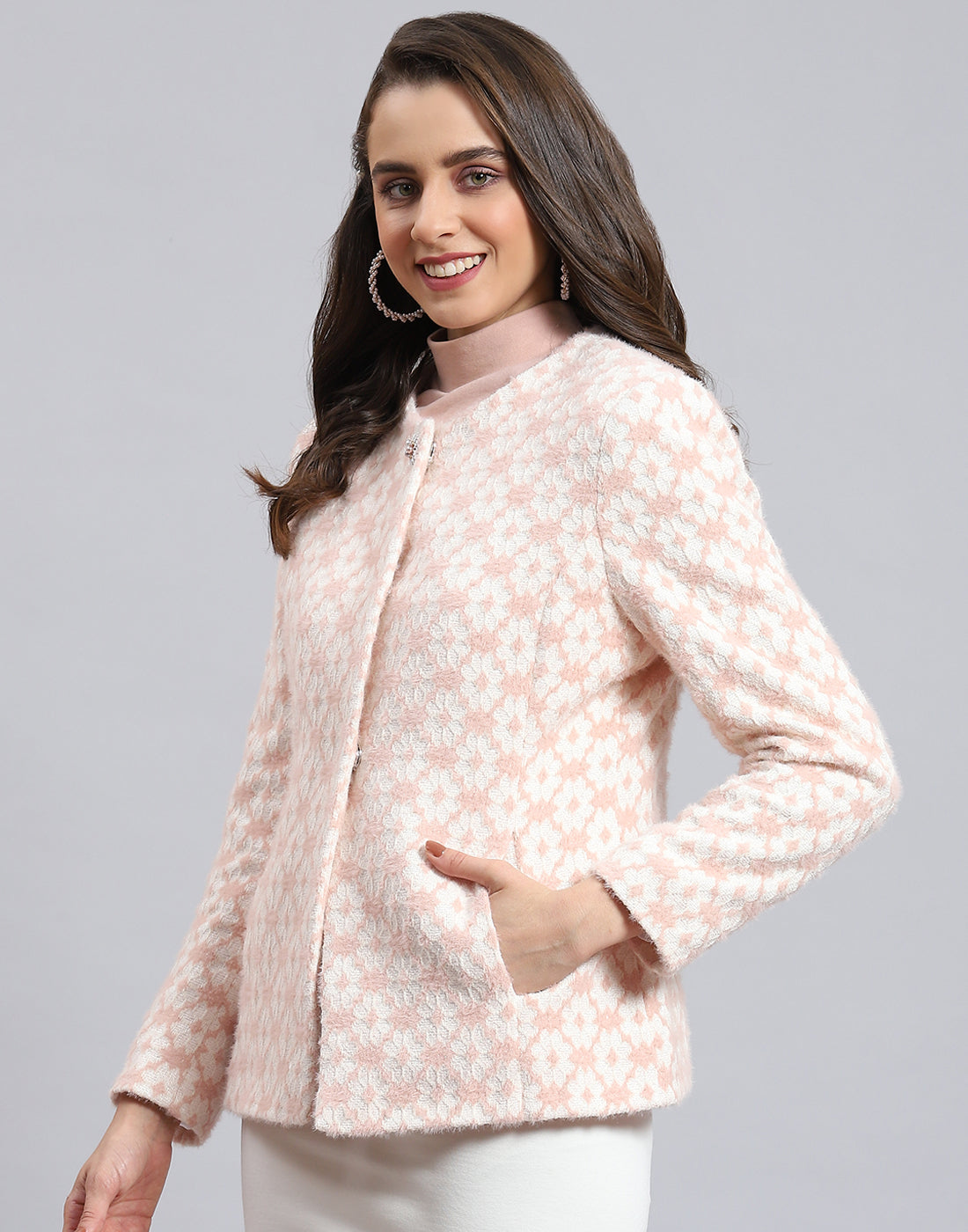 Women Pink Self Design Round Neck Full Sleeve Coat