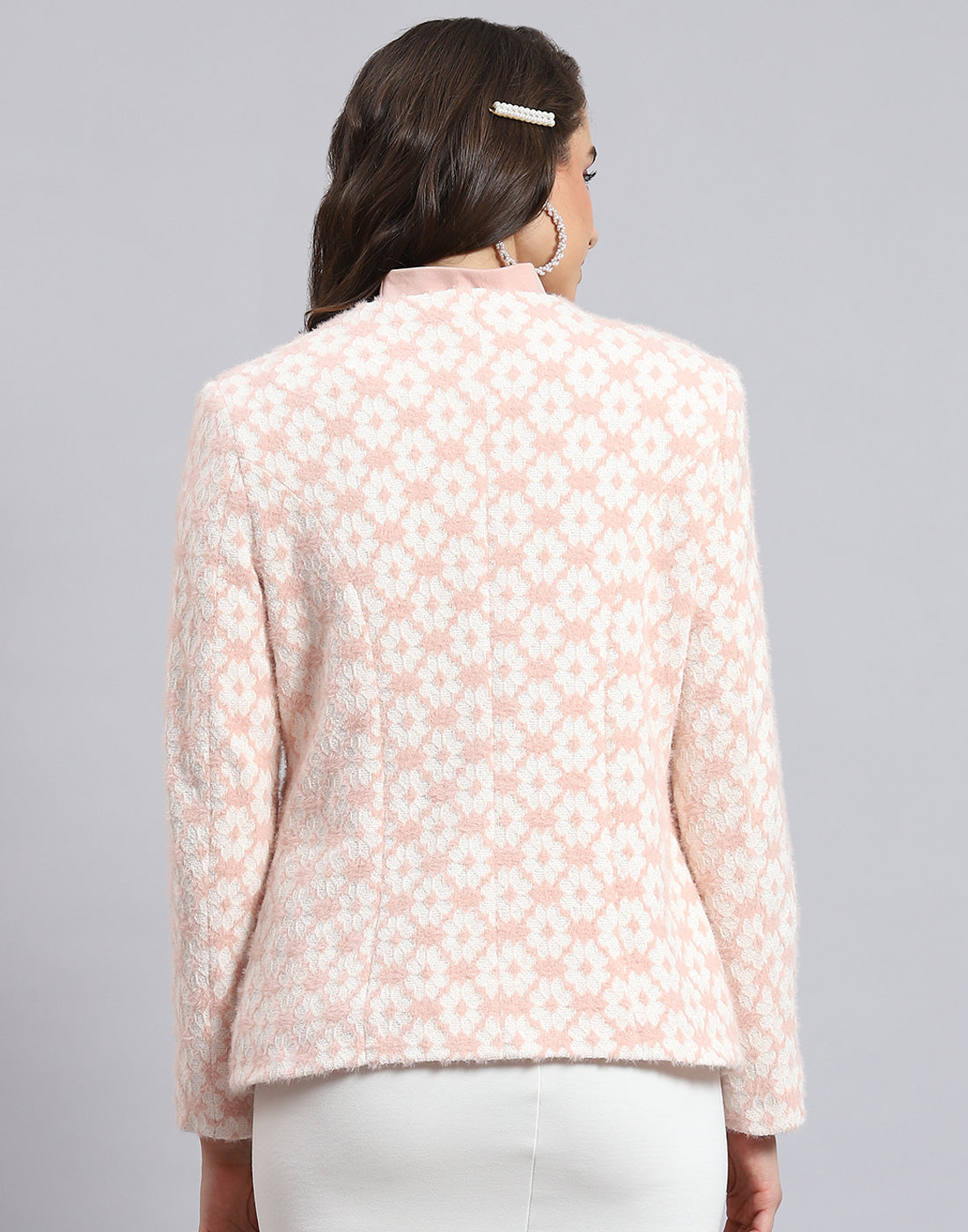 Women Pink Self Design Round Neck Full Sleeve Coat