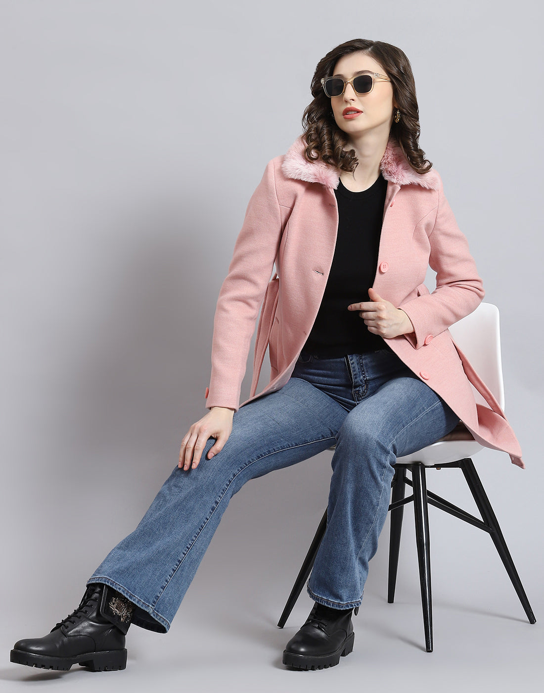 Women Pink Solid Collar Full Sleeve Coat1