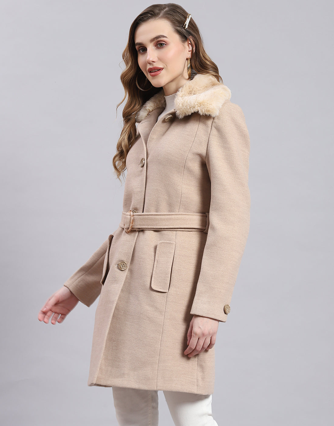 Women Beige Solid Collar Full Sleeve Coat