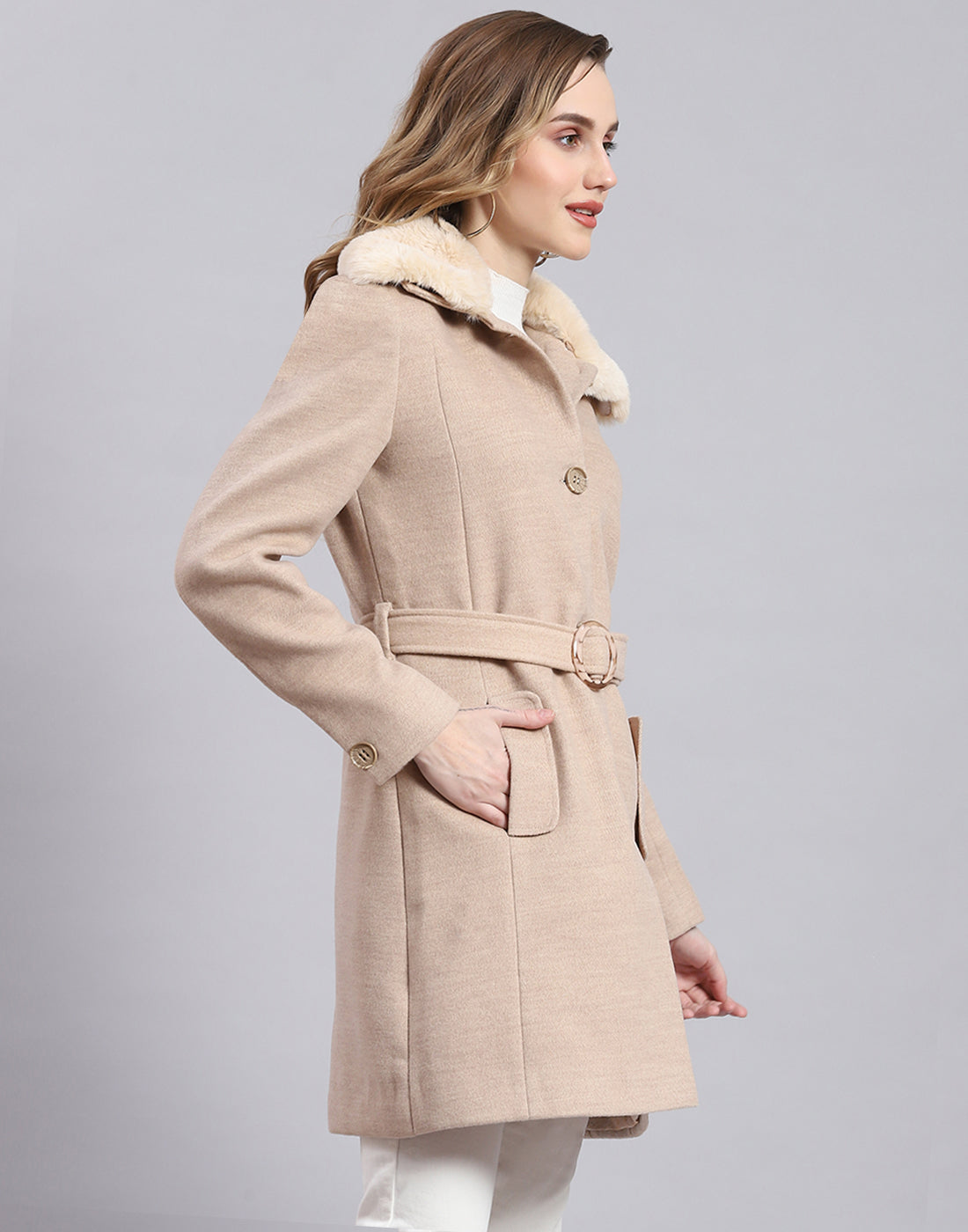 Women Beige Solid Collar Full Sleeve Coat