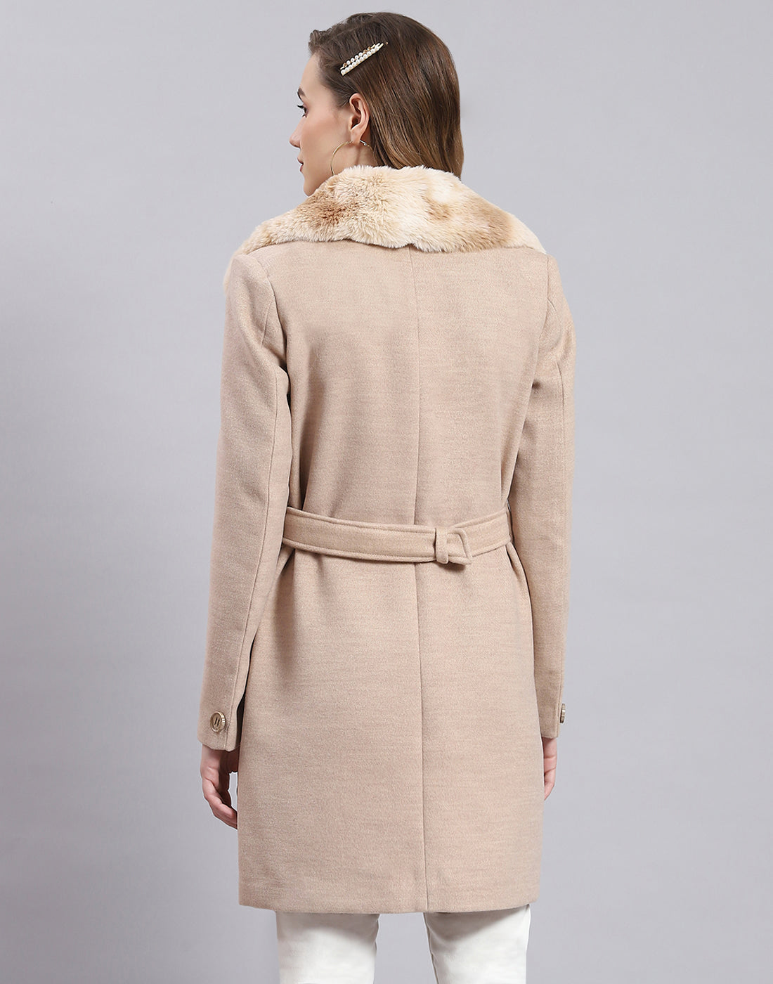 Women Beige Solid Collar Full Sleeve Coat