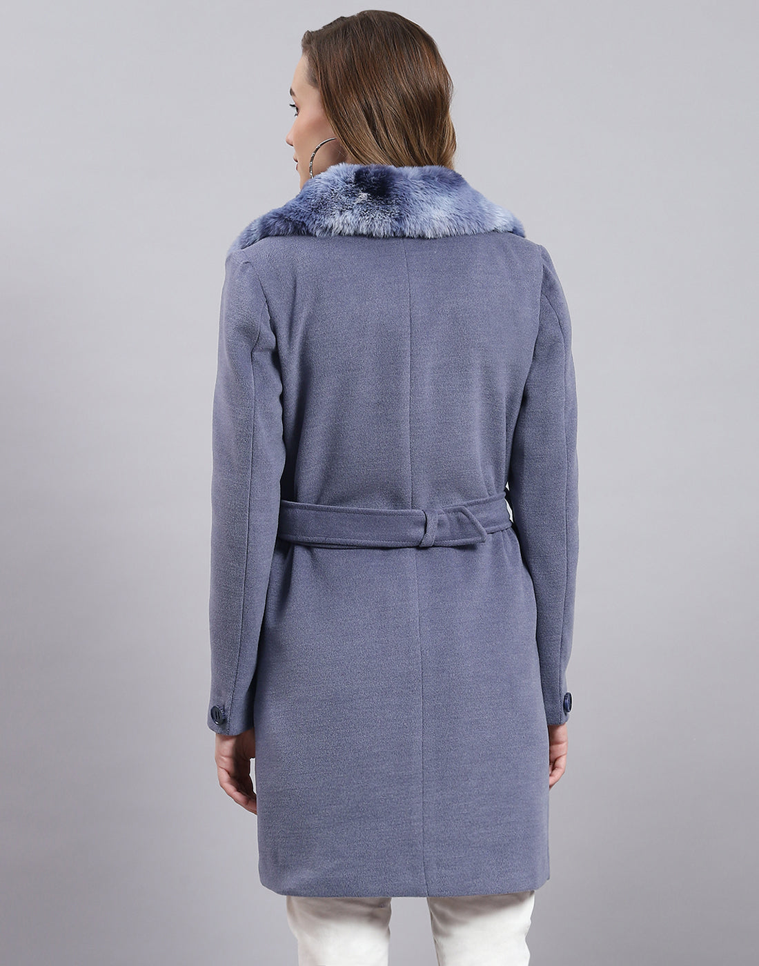 Women Blue Solid Collar Full Sleeve Coat