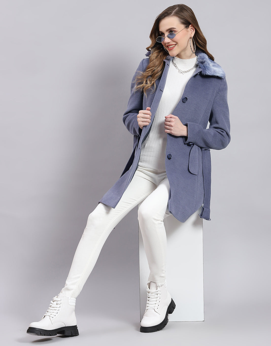 Women Blue Solid Collar Full Sleeve Coat
