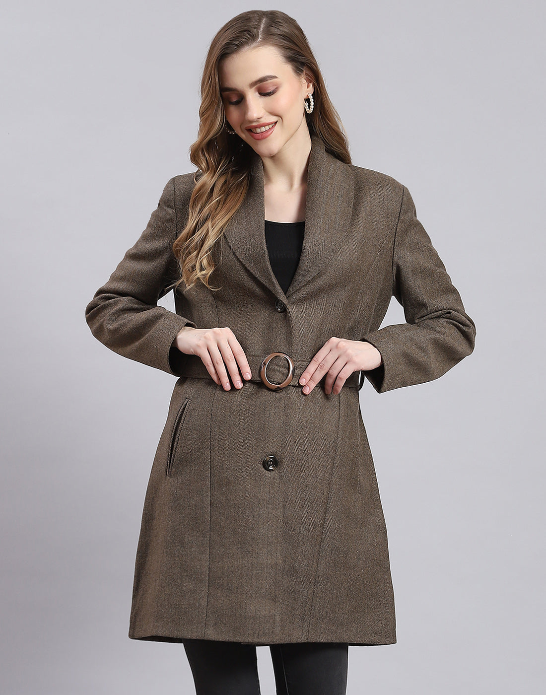 Women Brown Solid Lapel Collar Full Sleeve Coat
