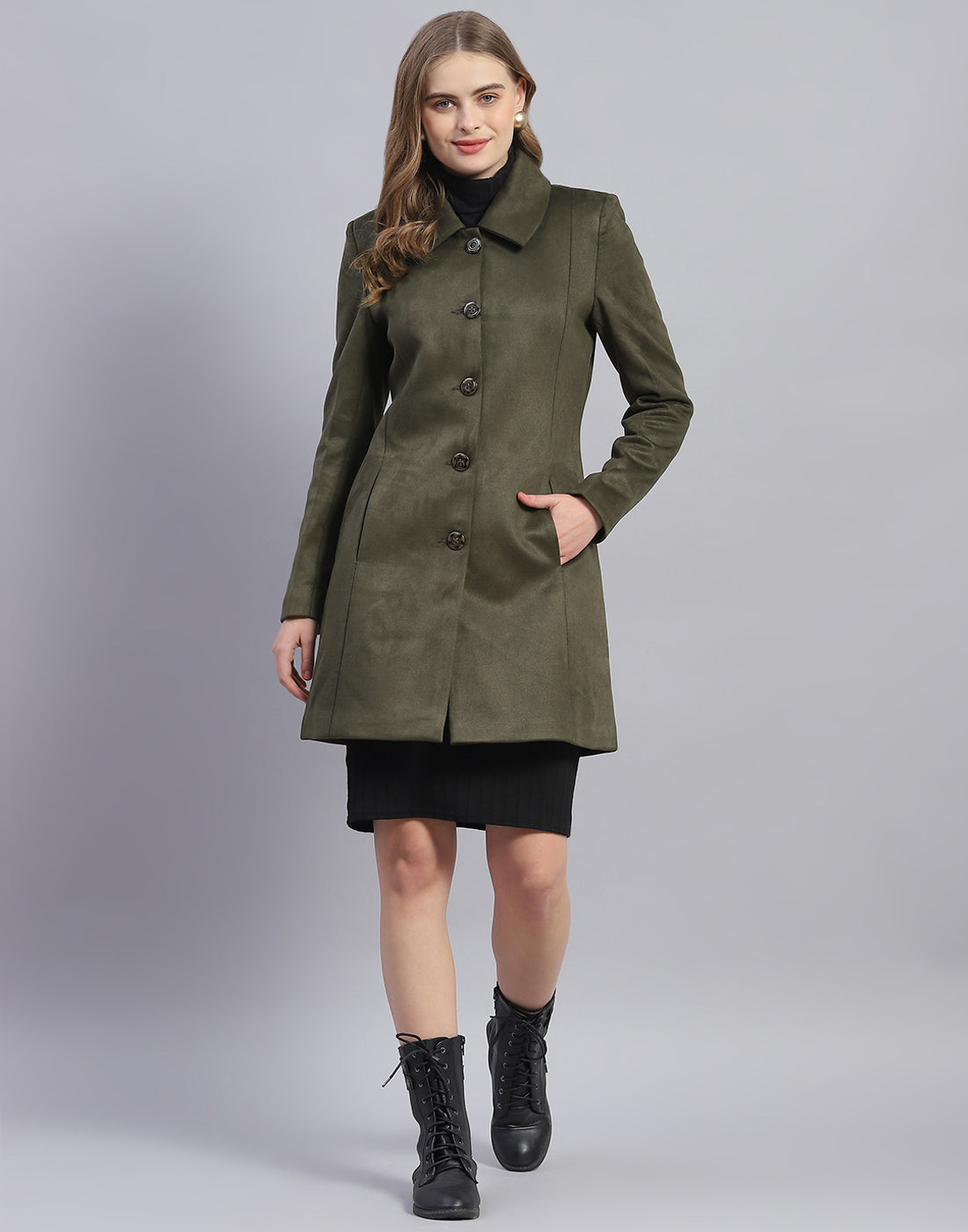 Women Olive Solid Collar Full Sleeve Coat