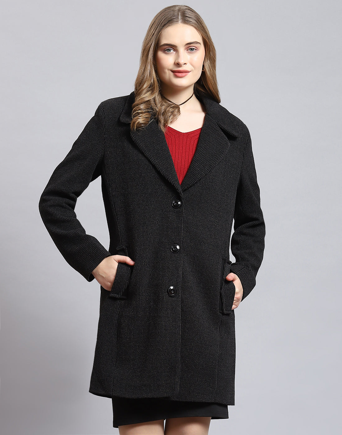 Women Black Stripe Lapel Collar Full Sleeve Coat