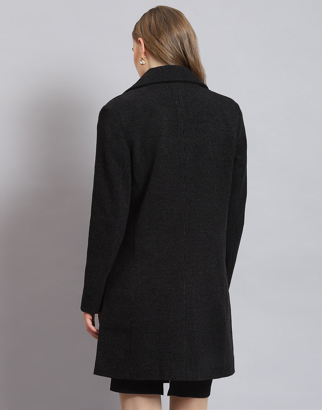 Women Black Stripe Lapel Collar Full Sleeve Coat