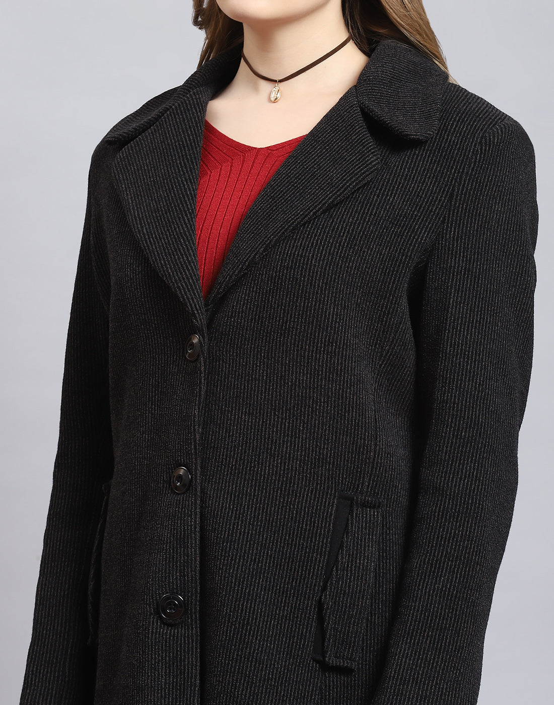 Women Black Stripe Lapel Collar Full Sleeve Coat