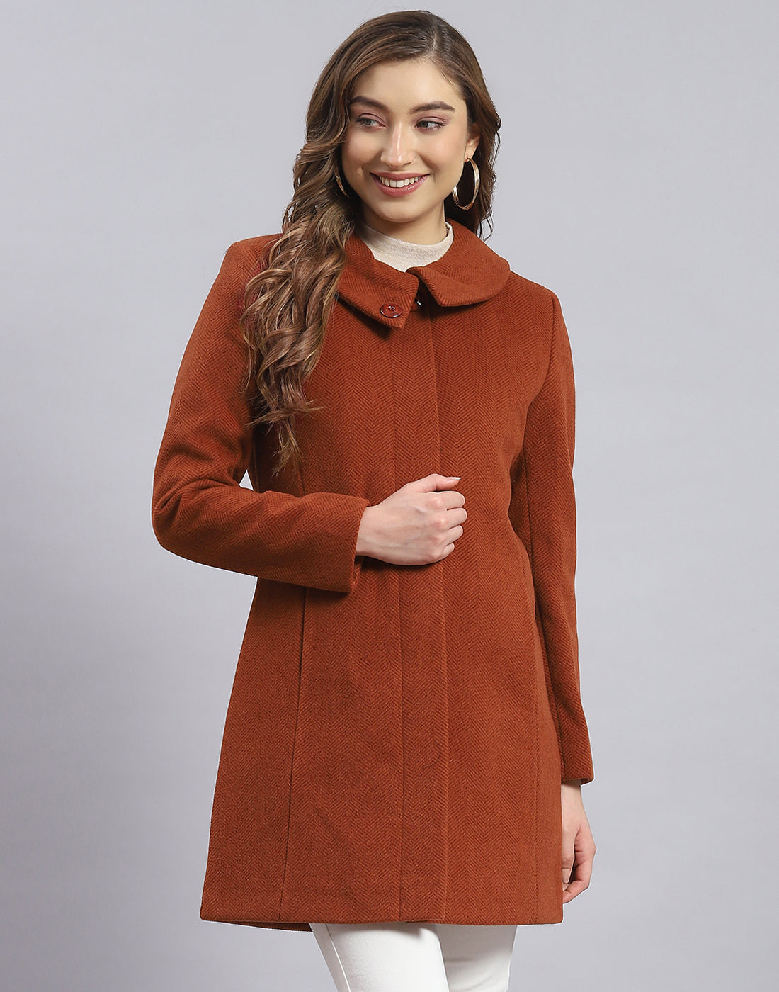 Women Rust Solid Collar Full Sleeve Coat