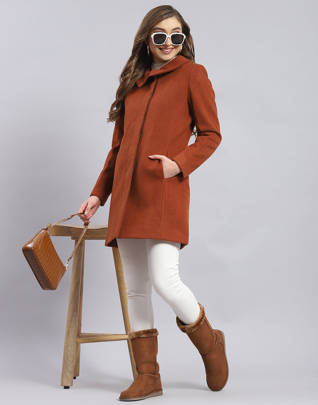Women Rust Solid Collar Full Sleeve Coat