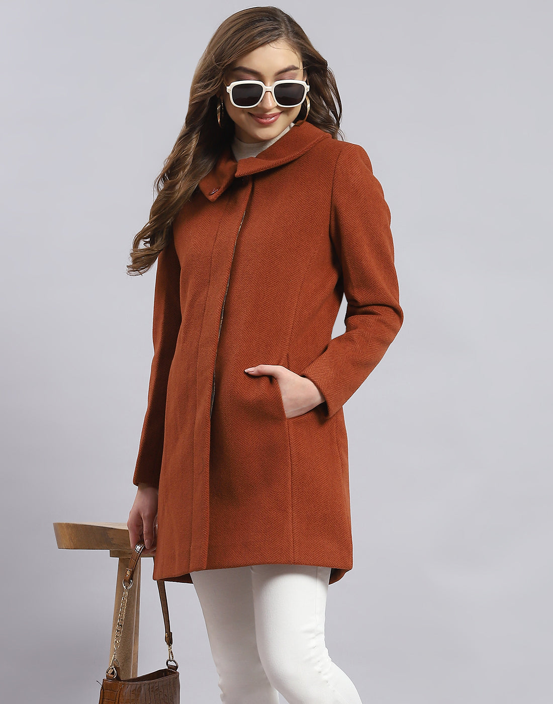 Women Rust Solid Collar Full Sleeve Coat