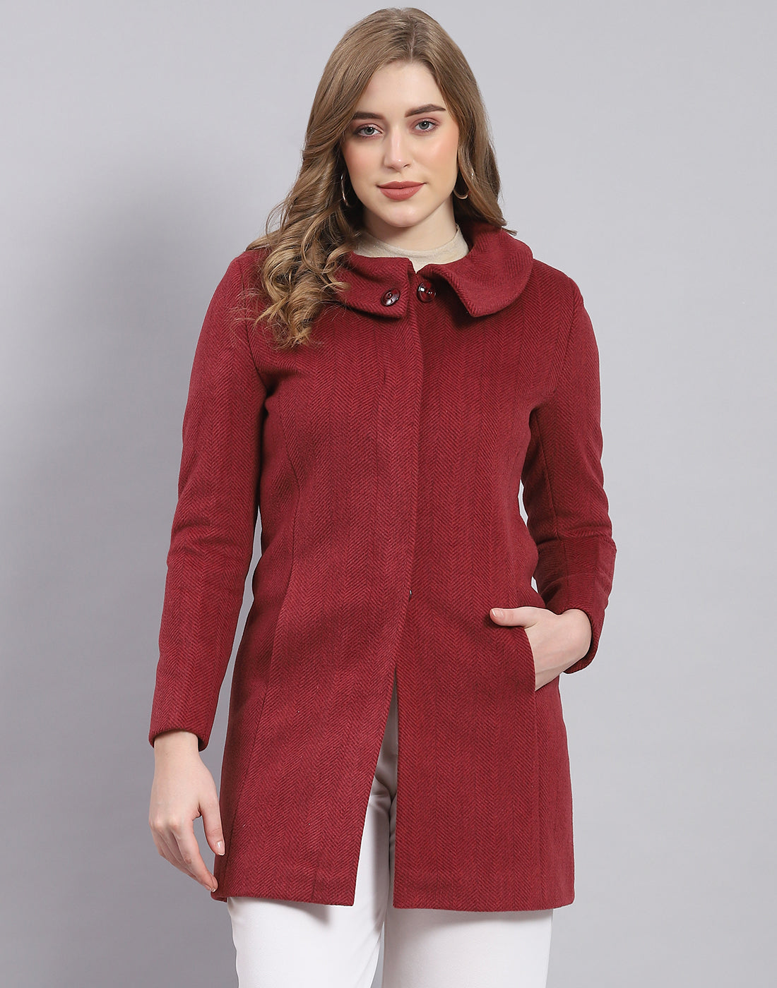Women Maroon Solid Collar Full Sleeve Coat