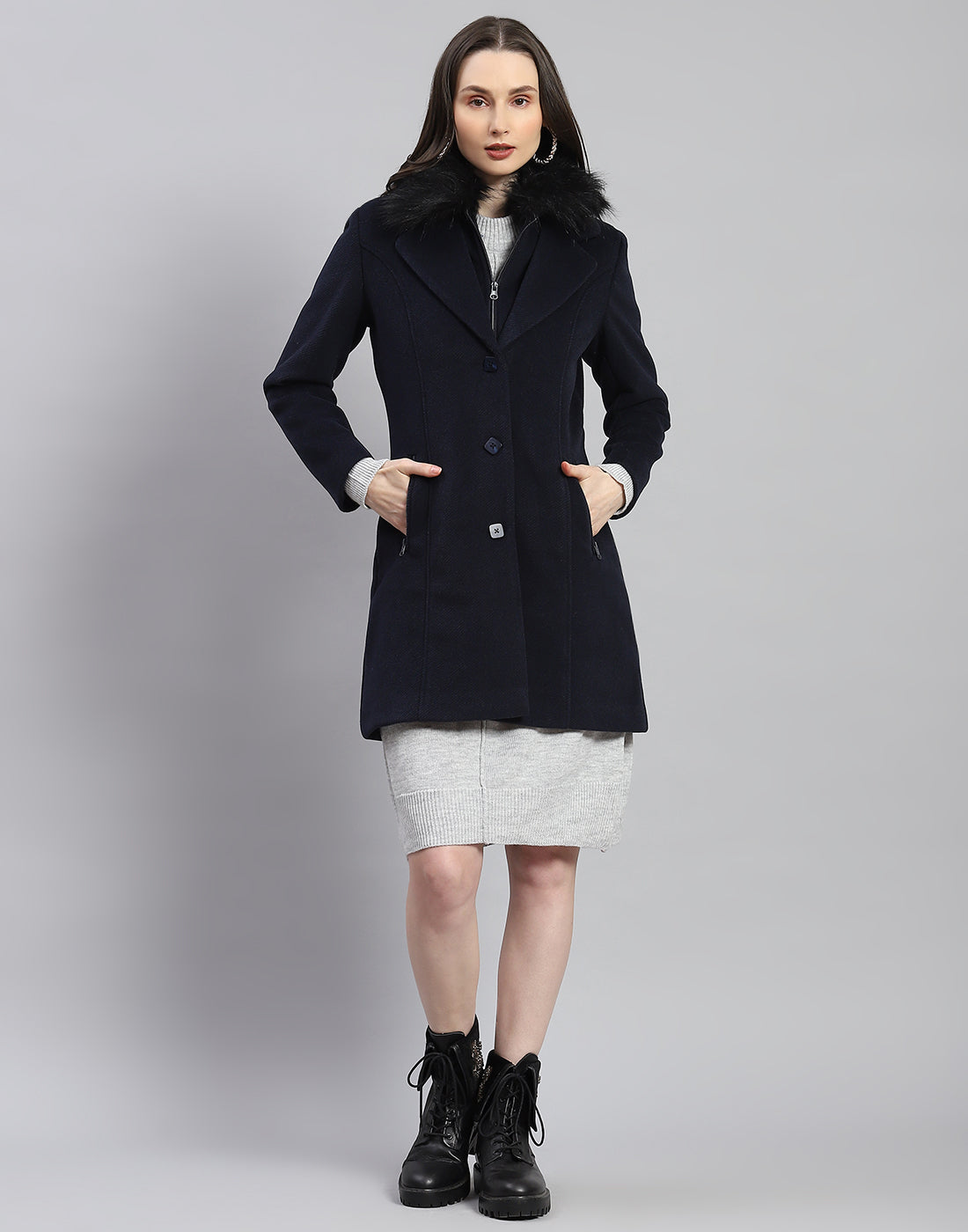 Women Navy Blue Self Design Lapel Collar Full Sleeve Coat