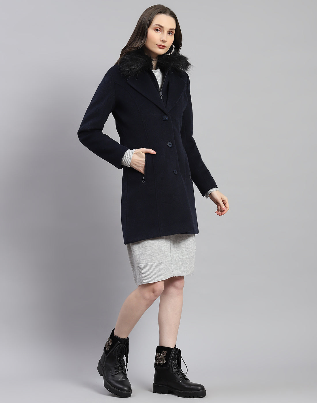 Women Navy Blue Self Design Lapel Collar Full Sleeve Coat