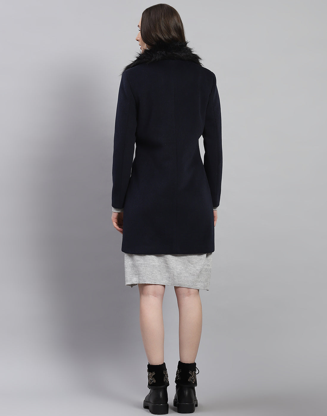 Women Navy Blue Self Design Lapel Collar Full Sleeve Coat