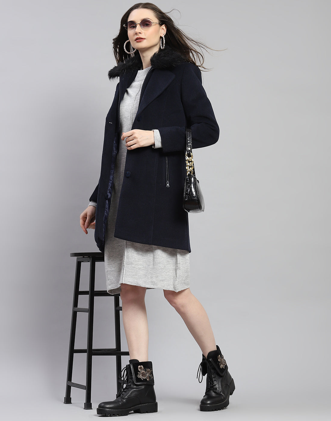 Women Navy Blue Self Design Lapel Collar Full Sleeve Coat