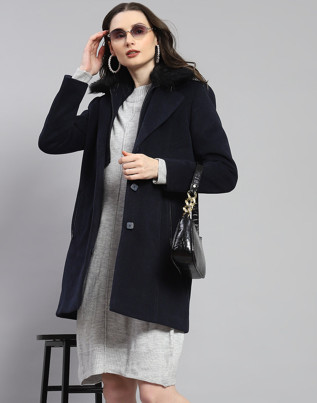 Women Navy Blue Self Design Lapel Collar Full Sleeve Coat