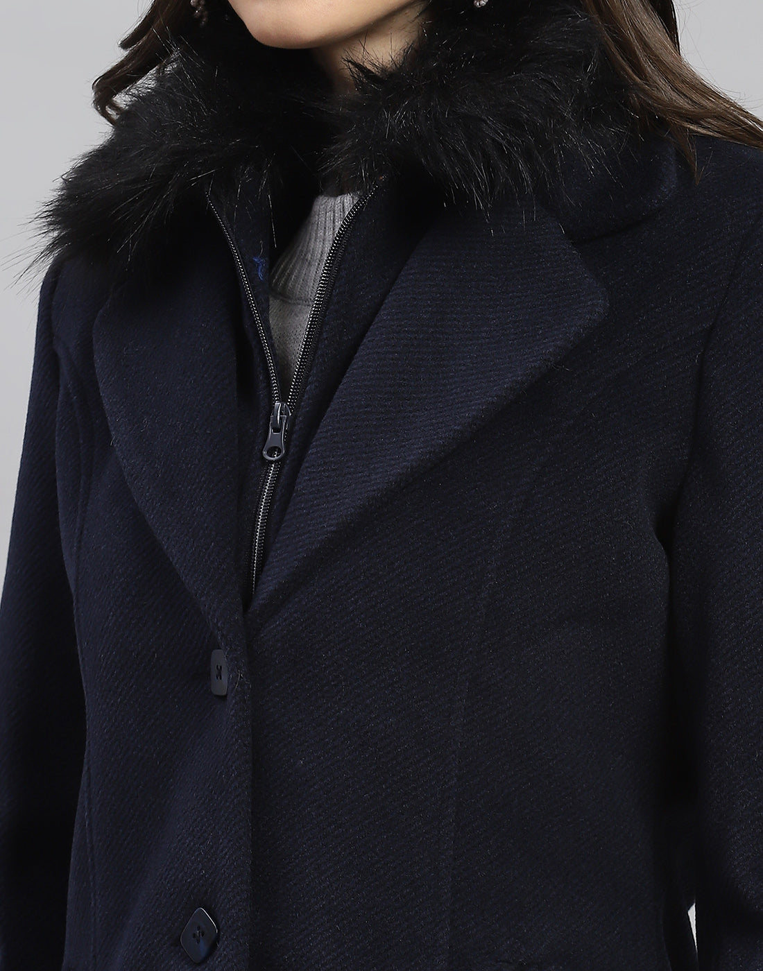 Women Navy Blue Self Design Lapel Collar Full Sleeve Coat