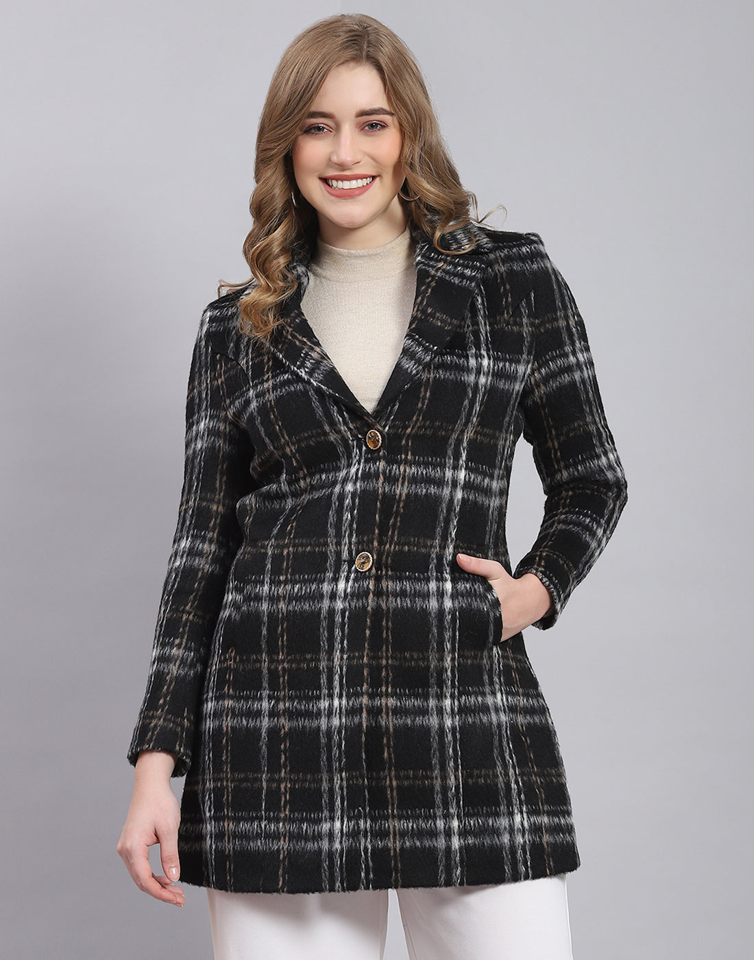 Women Black Check Lapel Collar Full Sleeve Coat