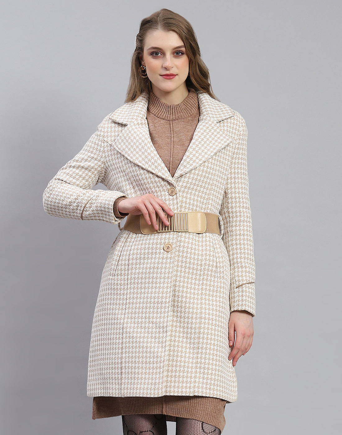Women Beige Self Design Lapel Collar Full Sleeve Coat