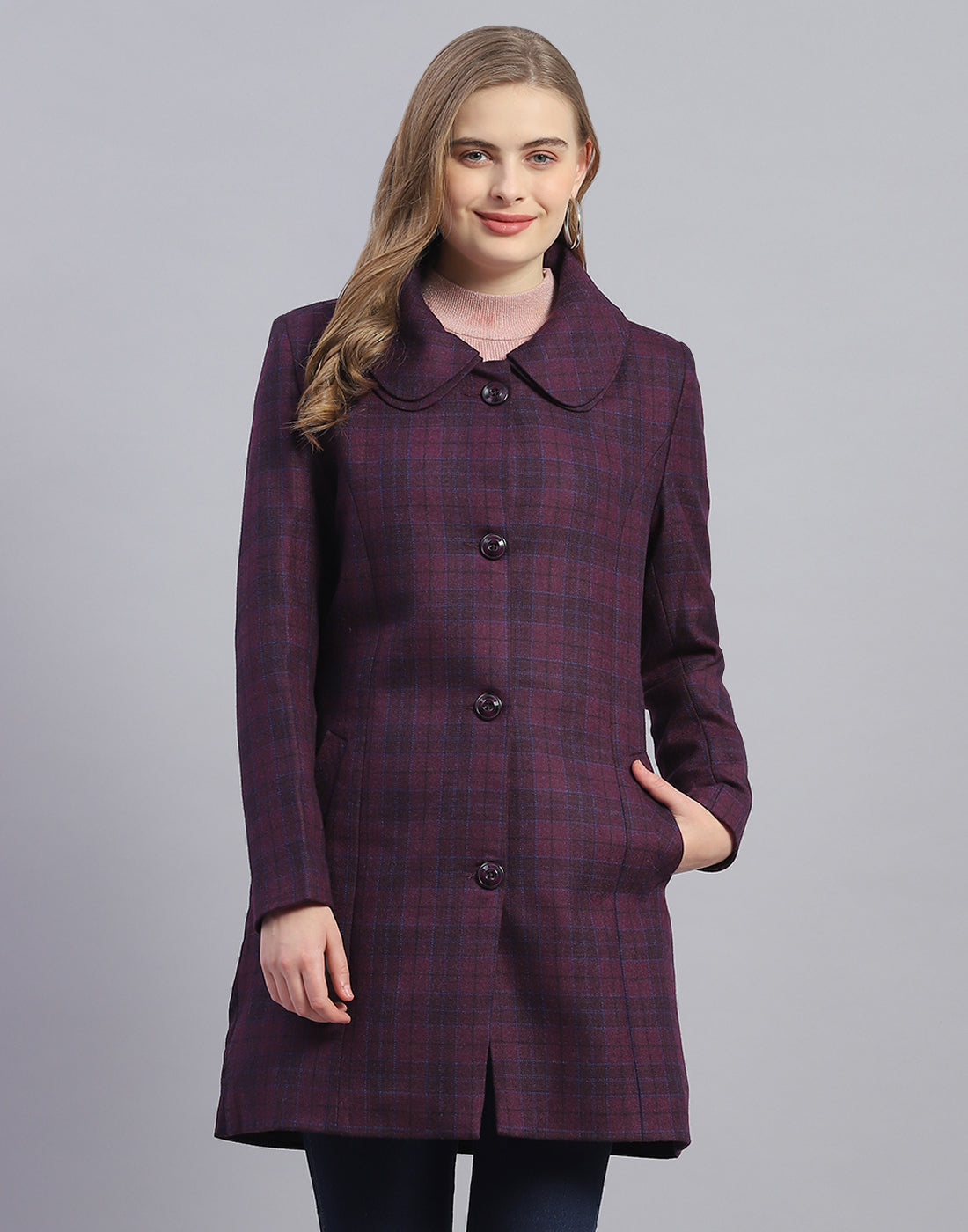 Women Purple Check Collar Full Sleeve Coat