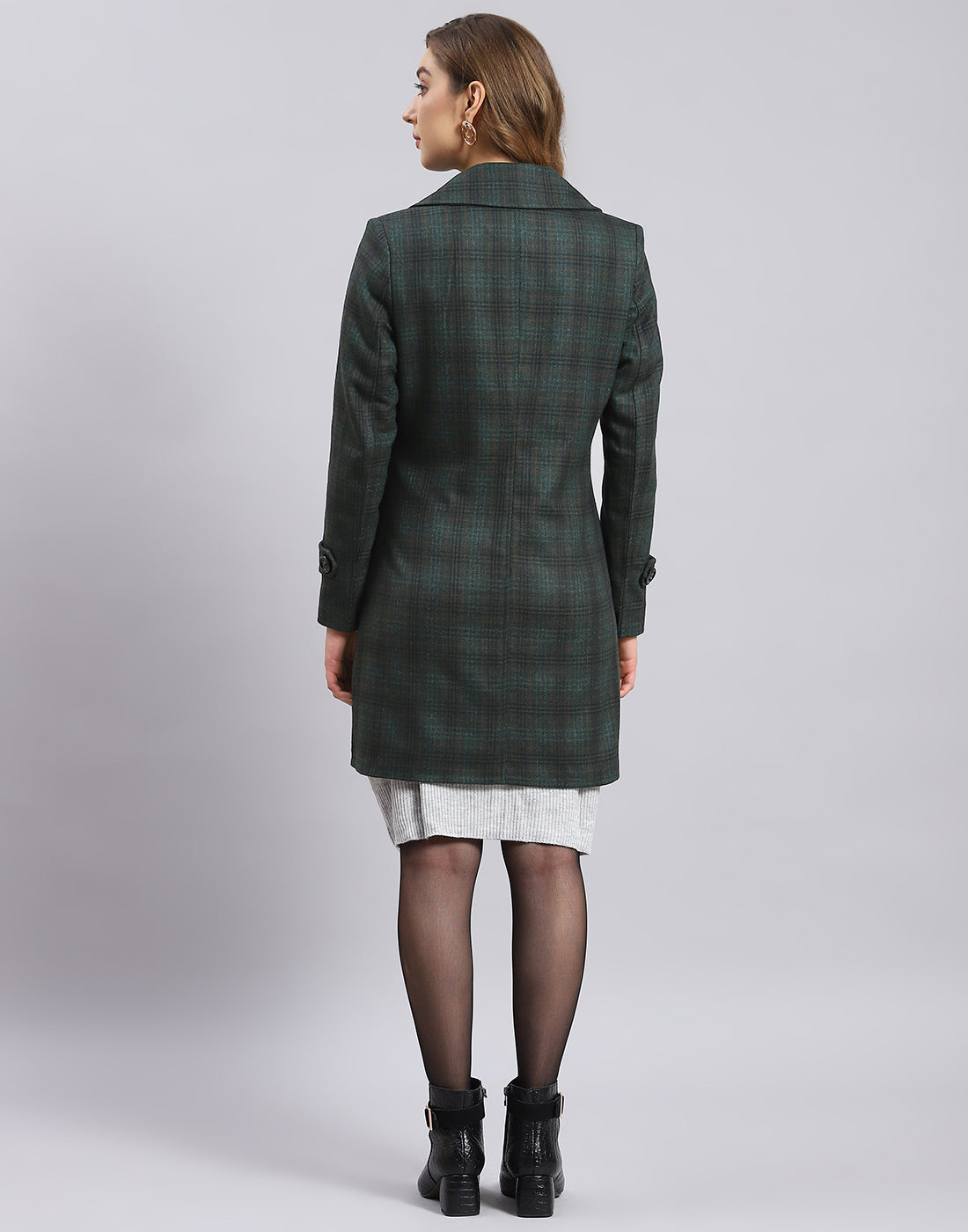 Women Green Check Lapel Collar Full Sleeve Coat