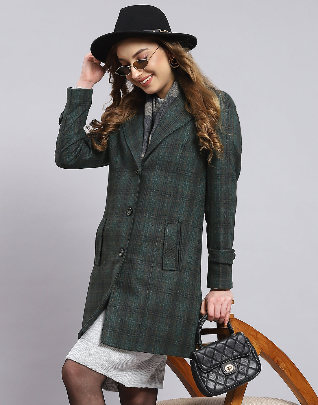 Women Green Check Lapel Collar Full Sleeve Coat