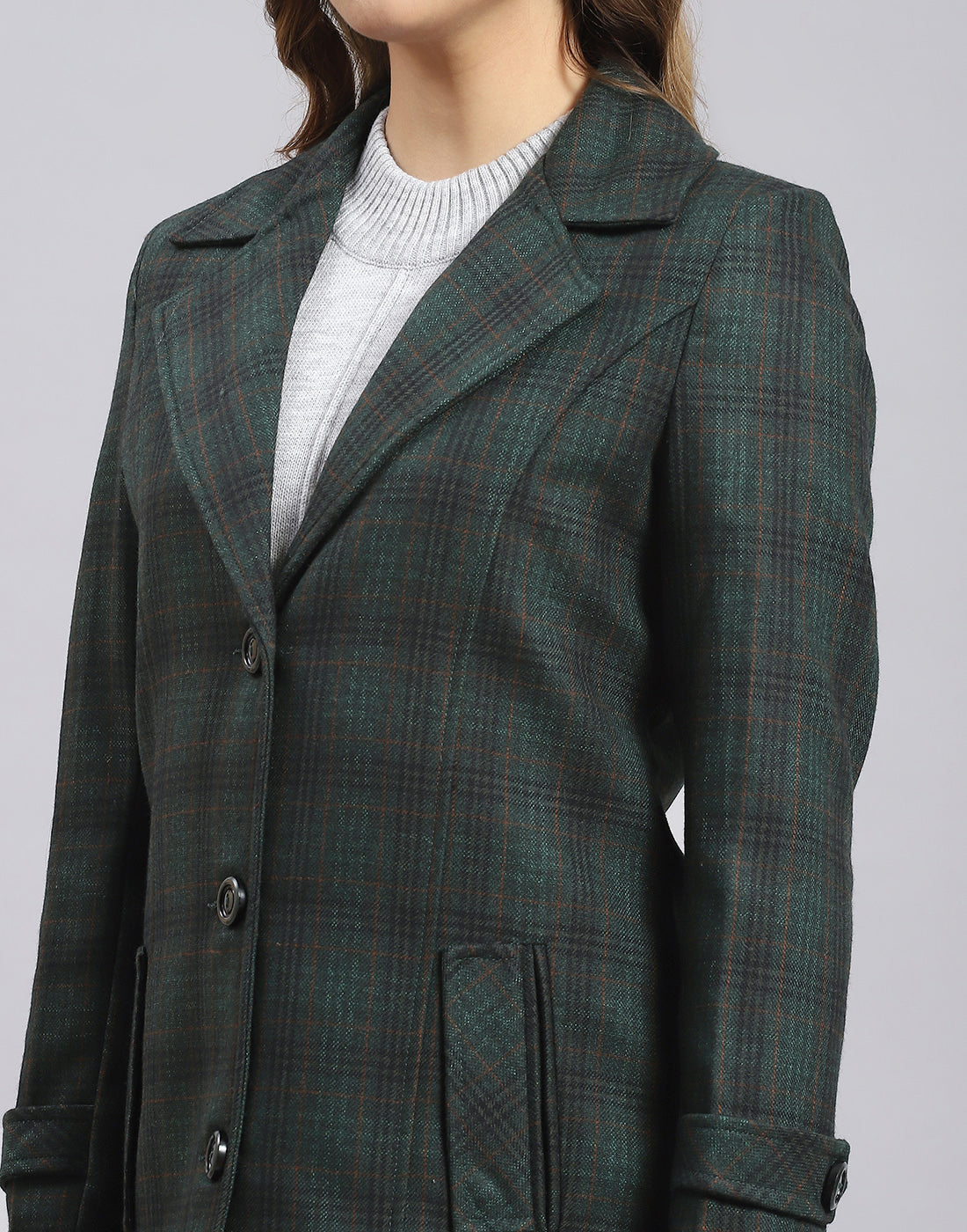Women Green Check Lapel Collar Full Sleeve Coat