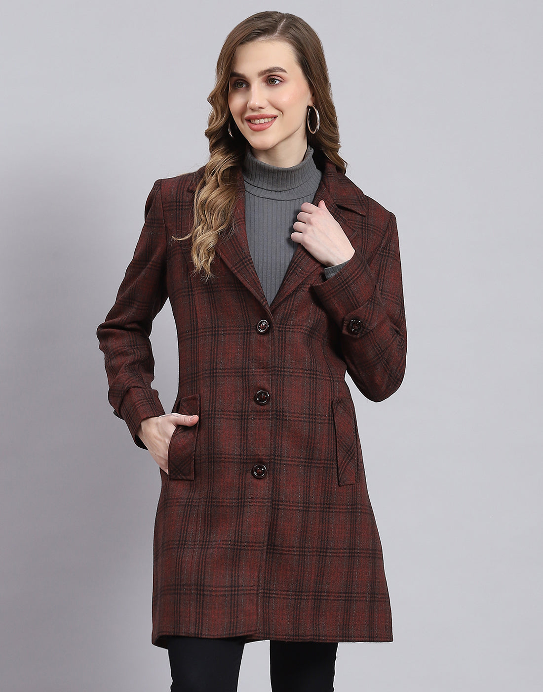 Women Maroon Check Lapel Collar Full Sleeve Coat