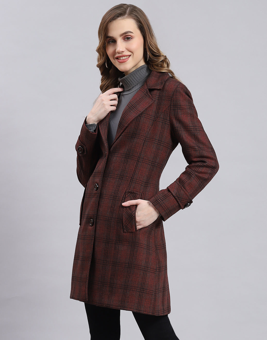 Women Maroon Check Lapel Collar Full Sleeve Coat