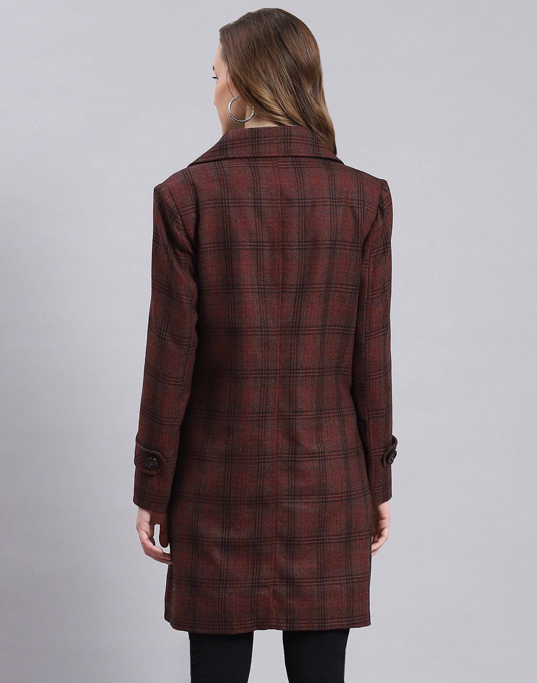 Women Maroon Check Lapel Collar Full Sleeve Coat