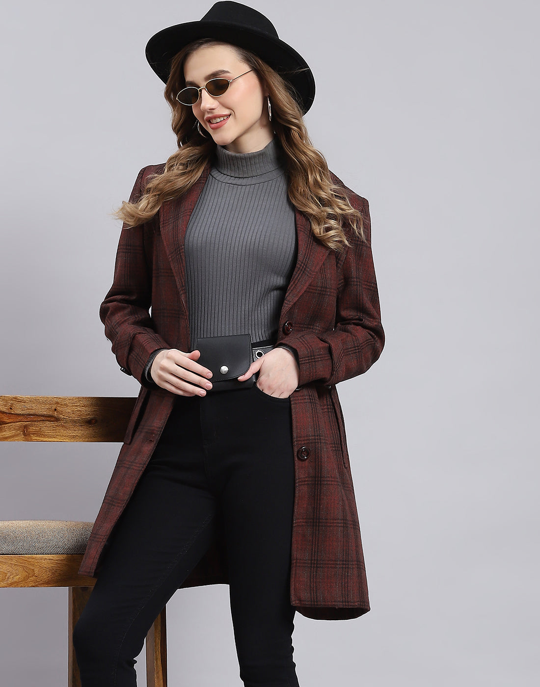 Women Maroon Check Lapel Collar Full Sleeve Coat