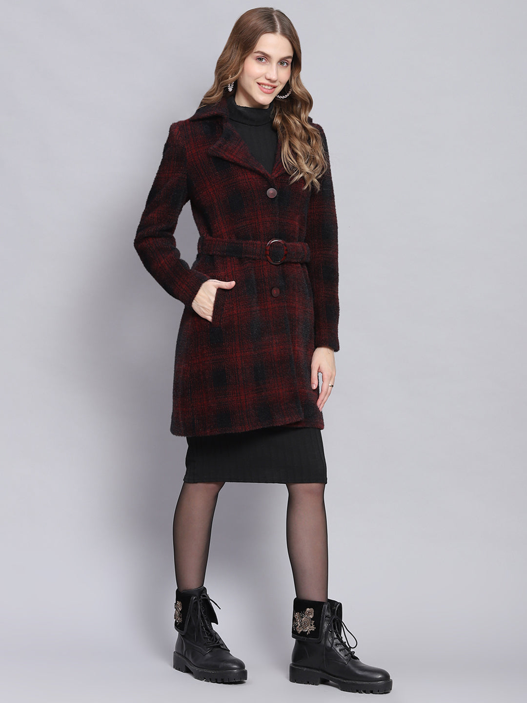 Women Red Check Lapel Collar Full Sleeve Coats