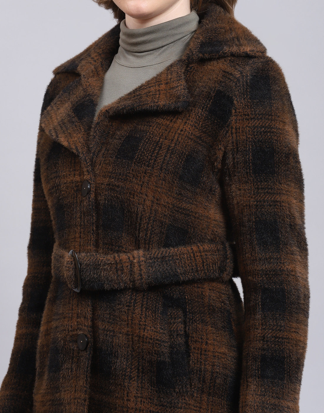 Women Brown Check Lapel Collar Full Sleeve Coat