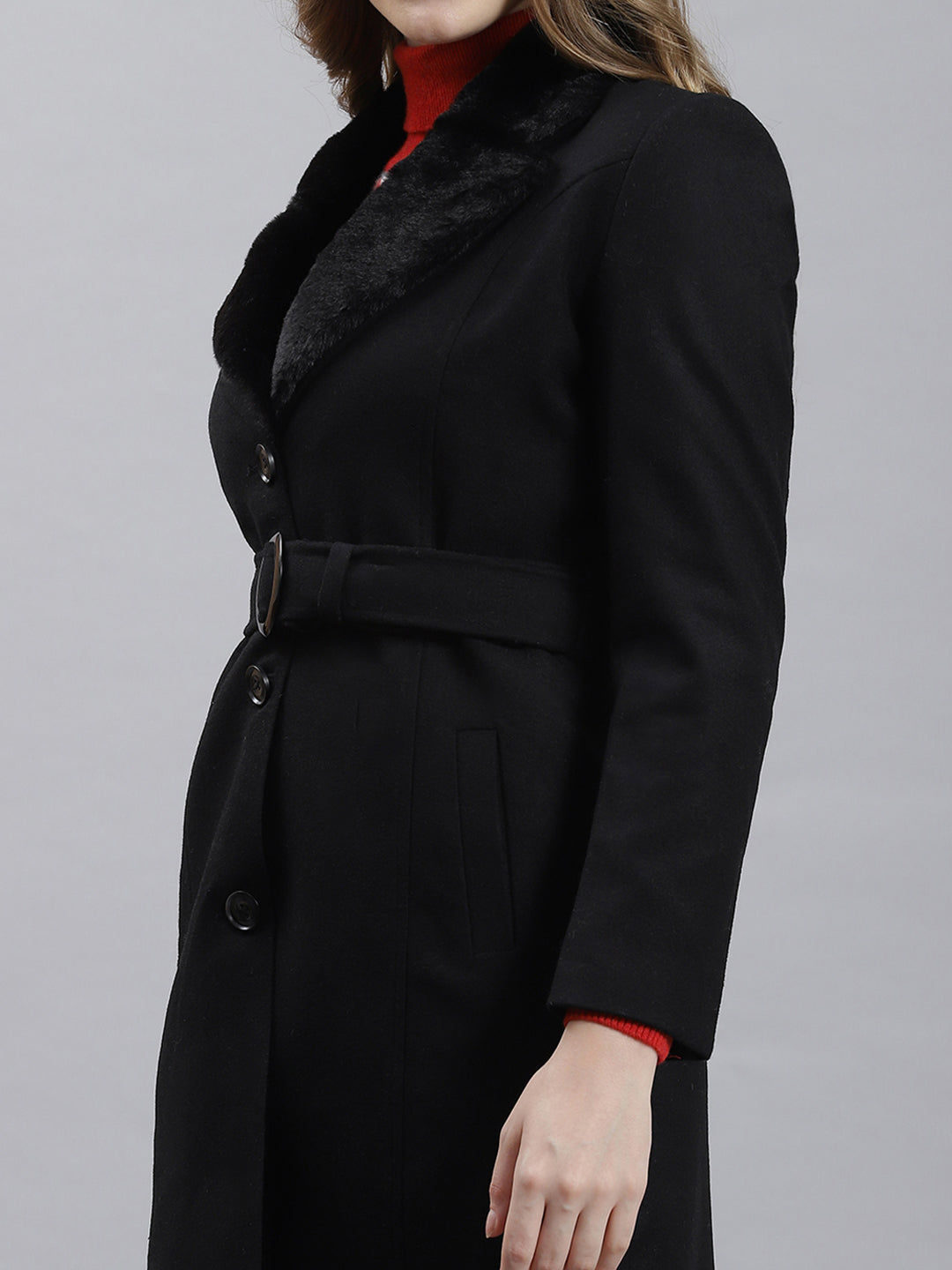 Women Black Plain Long Coat