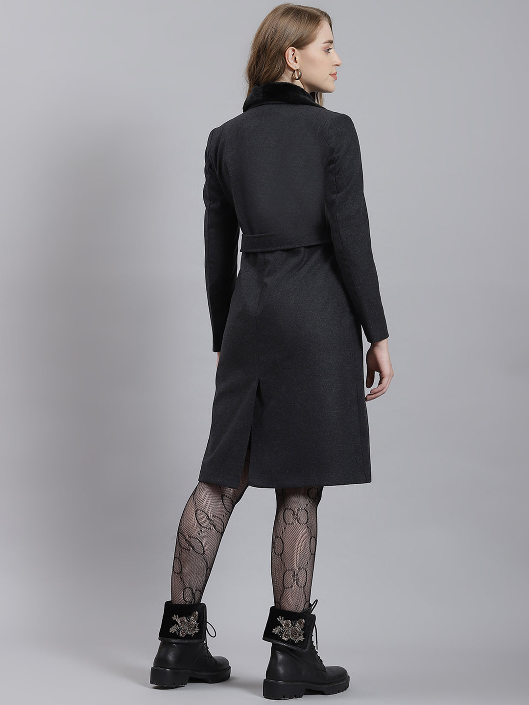 Women Grey Plain Long Coat