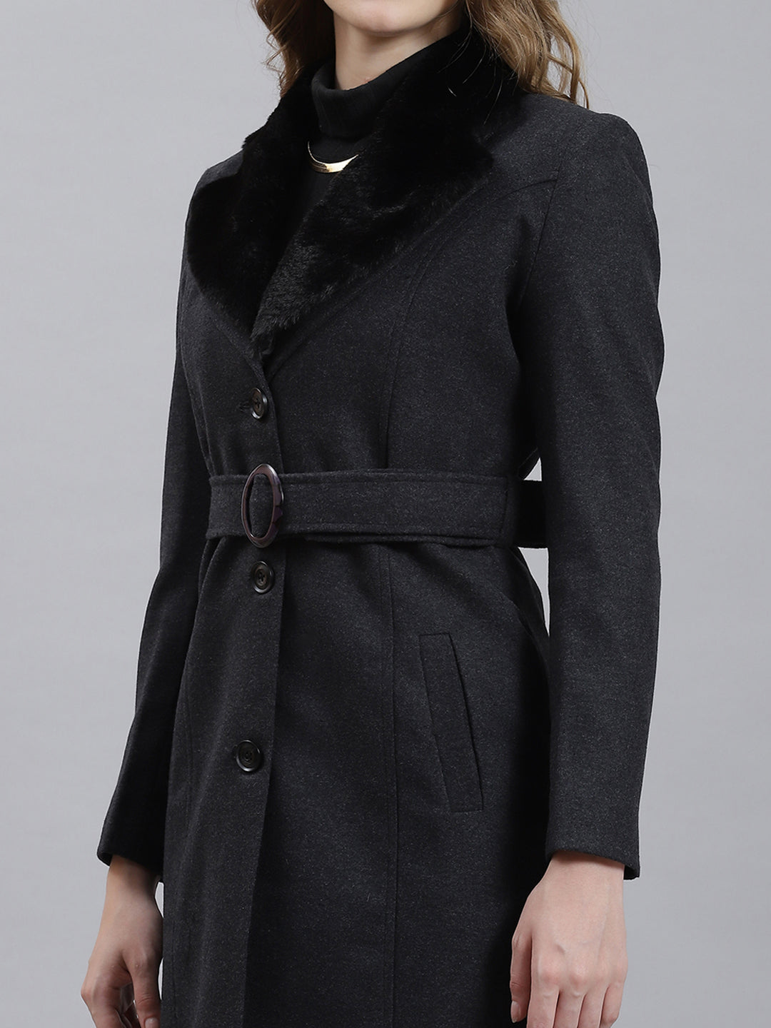 Women Grey Plain Long Coat