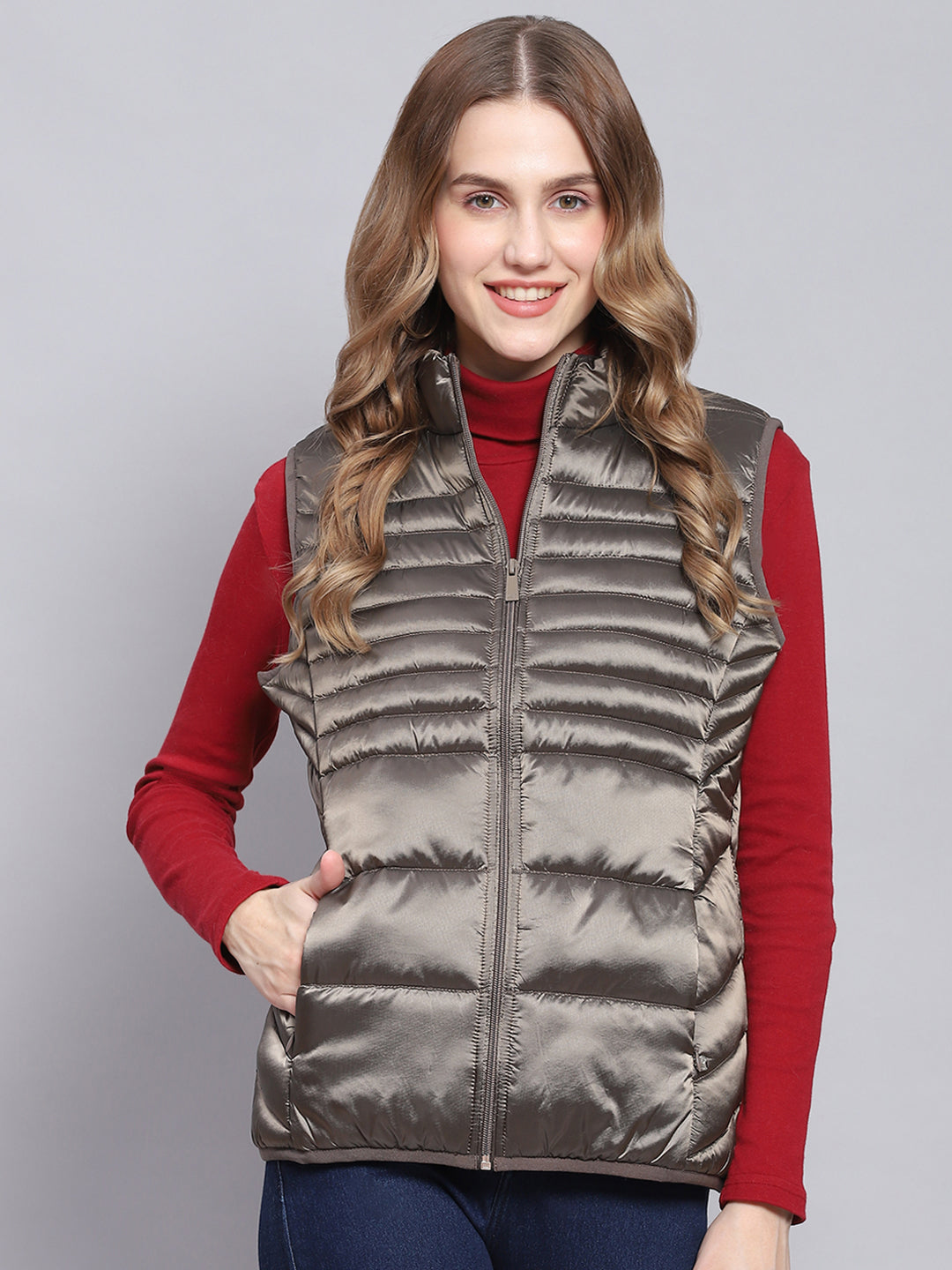 Women Brown Solid Stand Collar Sleeveless Jackets